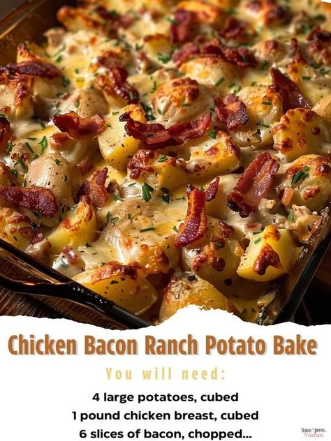 Chicken Bacon Ranch Potatoes, Chicken Bacon Ranch Potato Bake, Ranch Potatoes Baked, Bacon Ranch Potatoes, Ranch Sauce, Ranch Potatoes, Dinner Casserole Recipes, Chicken Crispy, Creamy Ranch