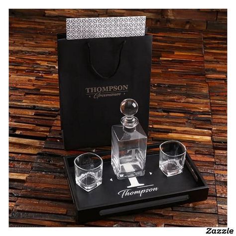 Engraved Decanter & Bar Tray with Whiskey Glasses Personalized Decanter, Glass Whiskey Decanter, Bridesmaid Groomsmen Gifts, Wood Keepsake Box, Groomsmen Gift Set, Wedding Gifts For Men, Best Man Wedding, Bar Tray, Custom Gift Bags