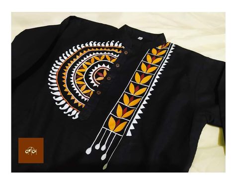 Madhubani Painting On T Shirt, Hand Print Panjabi For Men, Febric Penting Design Panjabi, Punjabi Fabric Design For Men, Hand Painted Panjabi Design For Men, Panjabi Fabric Painting, Hand Painted Clothing T Shirts, Kurta Painting Design For Man, Hand Painted Kurta For Men