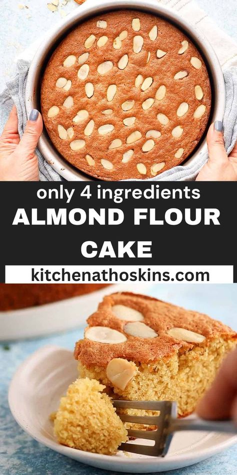 This almond flour cake is so soft, light and fluffy with a moist crumb. Made with just 4 ingredients, it is mildly sweet and is delicious plain or made into a layer cake. Baking Almond Flour, Light And Fluffy Almond Cake, Almond Flour Cake Mix Recipes, Almond Cake With Almond Flour, Almond Flour Spice Cake, Cake With Almond Flour Recipe, Almond Flour Easy Recipes, Almond Cake Recipe Gluten Free, Almond Flower Dessert