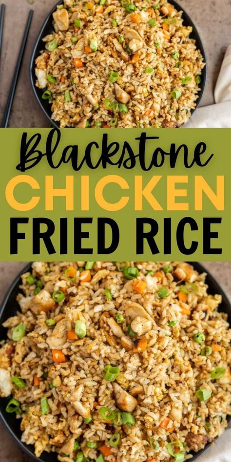 Blackstone Chicken Fried Rice Recipe - grillonadime.com Chicken Fried Rice Recipe Healthy, Blackstone Chicken, Outdoor Griddle Recipes, Griddle Cooking Recipes, Hibachi Recipes, Chicken Fried Rice Easy, Outdoor Cooking Recipes, Chicken Fried Rice Recipe, Making Fried Rice