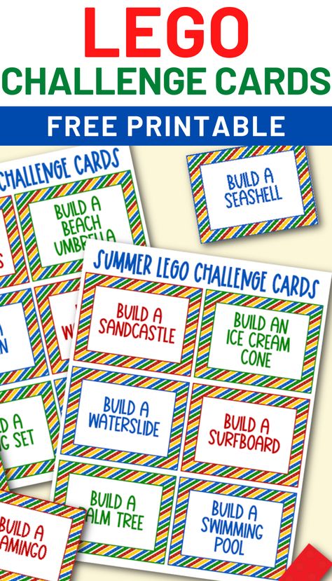 Lego Challenge Cards Free Printable With Pictures, Lego Challenge Cards Free Printable, Lego Challenges For Kids, Lego Challenge Cards, Kindergarten Centres, Lego Night, Lego Library, Beaver Scouts, Elementary Literacy Activities