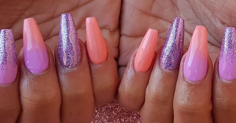 Coral Nail, Coral And Purple, Nails With Glitter, Sculpted Nails, Coral Nails, Ombre Nails Glitter, Purple Acrylic, Coral And Gold, Kat Von D