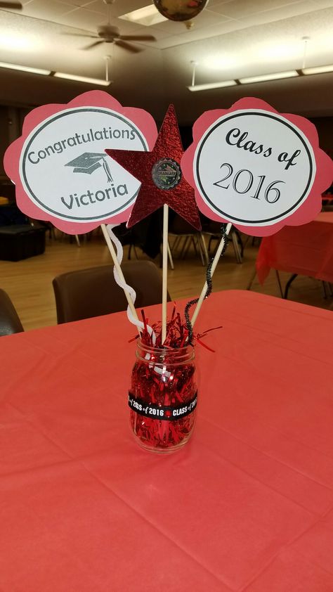 Red and black Graduation party centerpiece decoration. Mason jar centerpiece. Red And Black Centerpieces For Party, Black And Red Graduation Decorations, Black And Red Graduation Party Ideas, Red And Black College Graduation Party, Red White Black Graduation Party, Red And Black Graduation Centerpieces, Red And Black Graduation Party Ideas, Black Mason Jars, College Graduation Party Ideas For Guys Decoration Center Pieces