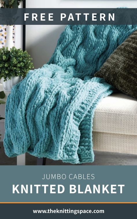 Snuggle cozily with this Jumbo Cables Knitted Blanket wrapped around you and your beloved on a chilly winter night. This easy pattern makes for an excellent knitting project for those who want to work on cables. Knit one for you at home, and another one as a gift for a dear friend. | Discover over 4,500 free knitting patterns at theknittingspace.com #knitpatternsfree #easyknittingprojects #beginnerknits #howtoknitblankets Cable Knit Blankets Free Patterns, Knit Cable Blanket, Chunky Cable Knit Blanket Pattern Free, Bernat Blanket Knitting Patterns, Cable Knit Blanket Pattern Free, Knit Throw Blanket Pattern Free, Knit Christmas Gifts, Jumbo Knit Blanket, Afgan Patterns