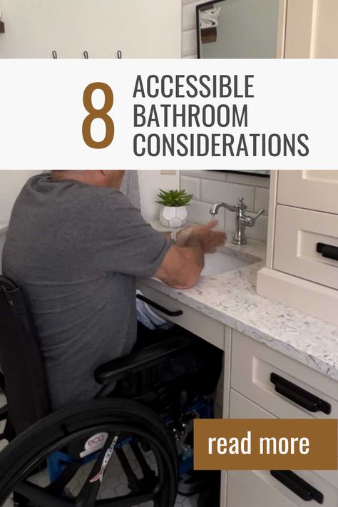 Top tips to create a stylish wheelchair-accessible bathroom! An accessible bathroom does not need to be boring and sterile. From angled mmirrorsirrros to zero-entry showers, there are a lot of things to consider when designing for accessibility. Bathroom Remodel Accessible, Wheelchair Accessible Shower Wet Rooms, Wheelchair Bathroom Layout, Wheelchair Accessible Vanities, Bathroom Handicapped Plan, Ada Bathroom Remodel, Small Wheelchair Accessible Bathroom, Diy Ada Bathroom Vanity, Beautiful Handicapped Bathrooms