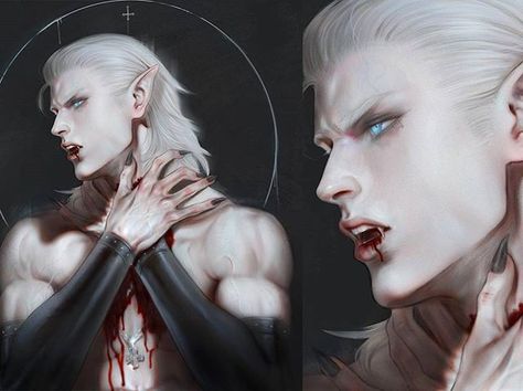 Vampire bites~ I keep experimenting with this style <: #illustration #vampire #male #oc #goth #gothic Vampire Elf Art, White Haired Elf Man, Alien Male Oc, Vampire Male Oc, Vampire Male, Male Vampire, Male Elf, Vampire Bites, Elf Characters