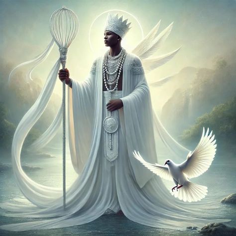 Obatala is one of the most revered orishas in the Yoruba spiritual tradition, symbolizing wisdom, purity, and peace. Known as the "King of the White Cloth," Obatala is associated with clarity, patience, and compassion, embodying calmness and tranquility. Often depicted as an elder, he is considered the father figure of the orishas and is seen as a divine creator who shaped humanity. Obatala is also a healer and protector, especially for those who seek justice or suffer from ailments, blindnes... Orisha Obatala, Yoruba Orishas, Orishas Yoruba, Royal Priesthood, White Cloth, African Diaspora, Father Figure, The Covenant, The Father