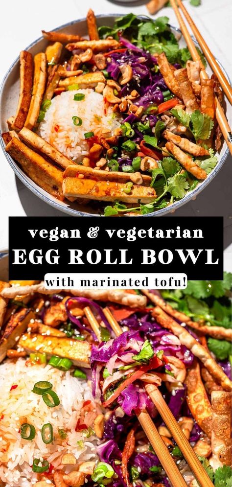 Want all the flavors of an egg roll but without the hassle? This vegan egg roll in a bowl is easy and it's ready in just about 30 minutes. This simple plant based dinner includes stir fried cabbage, green onions, peanuts, and cilantro, plus a tasty marinade! Top this veggie friendly bowl off with some baked vegan egg roll wrappers and flavorful high protein pan fried tofu. This healthy weeknight dinner is going to be your new favorite! Veggie Egg Roll In A Bowl, Egg Roll In A Bowl Vegetarian, High Protein Vegan Tacos, Stir Fried Cabbage, High Protein Plant Based, Tofu Crispy, Vegetarian Egg Rolls, Egg Roll Bowl, Vegan Egg Rolls