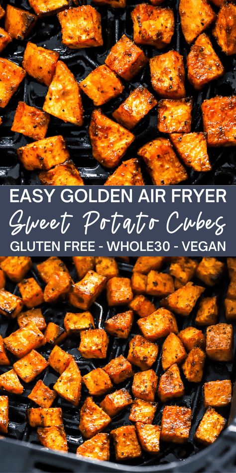 These Air Fryer Sweet Potato Cubes are wonderfully seasoned, golden, and flavorful. The sweet potatoes cook perfectly in the air fryer in about 15 minutes and make an easy, healthy side dish that the whole family will enjoy! Air Frying Sweet Potatoes, Baking Sweet Potatoes In Air Fryer, Airfry Sweet Potatoes Cubes, Homemade Air Fried Sweet Potato Fries, Air Fryer Sweet Potatoes Recipes, Air Fried Sweet Potato Recipes, Sweet Potatoes In Muffin Tins, Seasoning For Sweet Potatoes, Air Fryer Potato Cubes