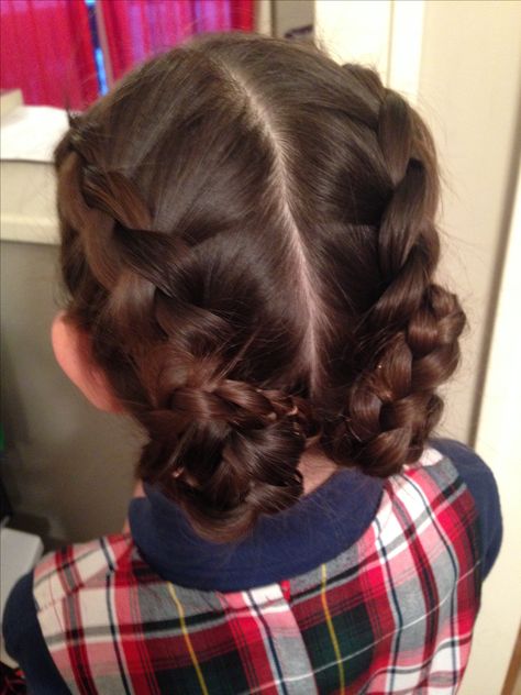 French braids into double rosette buns. Double French Braids Short Hair, Curling Hairstyles, Competition Hairstyles, Braid Buns, Disney Hairstyles, French Braid Buns, Braided Hairstyles For School, Ghana Braids Hairstyles, Two French Braids