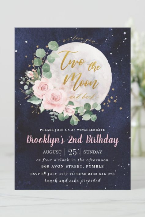 Night Sky Pink Floral Two the Moon 2nd Birthday Invitation #moon #floral #birthday #happybirthday #birthdaycards #birthdayparty #2ndbirthday 2nd Birthday Girl, Two The Moon, Sky Pink, 2nd Birthday Invitations, Girl 2nd Birthday, Starry Night Sky, 2nd Birthday Parties, Gold Floral, Zazzle Invitations