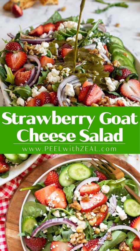 Embrace strawberry season with this delightful strawberry goat cheese salad, featuring a fresh basil balsamic vinaigrette that's perfect for lunch or as a standout addition to your dinner spread. Bursting with vibrant colors, sweet strawberries, tangy flavors, and crunchy elements, this nutritious salad is sure to become your summer staple. Strawberry Goat Cheese Salad, Strawberry Kale Salad, Strawberry Goat Cheese, Cucumber Goat Cheese, Praline Pecans, Salad With Goat Cheese, Homemade Balsamic Vinaigrette, Kale Salad Recipes, Goat Cheese Recipes