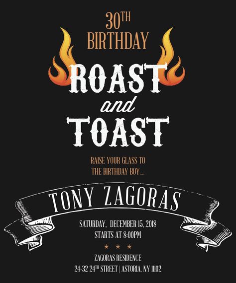 Men’s Thirty Birthday Theme, Husbands 30th Birthday Party Ideas, 40th Birthday Roast And Toast, Roast Birthday Party Comedy, Birthday Roast Ideas, Roast And Toast Party Ideas, Roast Party Ideas Comedy, Comedy Roast Birthday Party, 30th Birthday Invitations Men