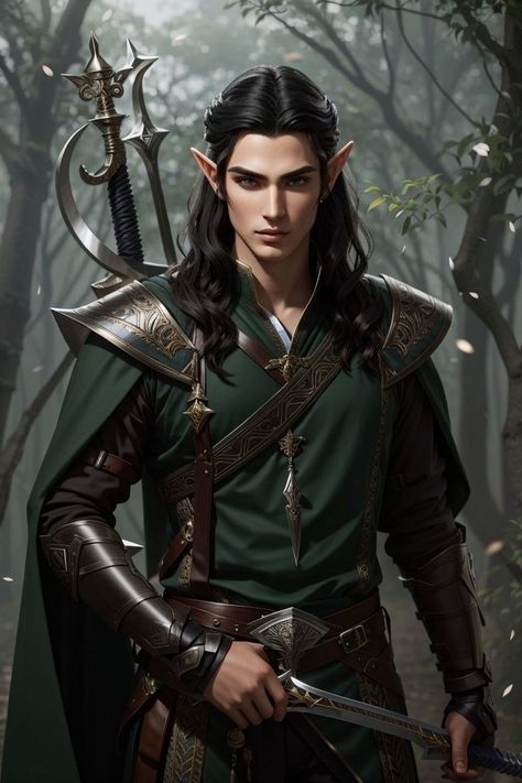 Fae Warrior Male, Black Haired Elf Male, Male Elf Cosplay, Fantasy Elf Male, Male Warrior Fantasy Art, Male Elf Art, Dnd Male Character, High Elf Male, Fae Warrior