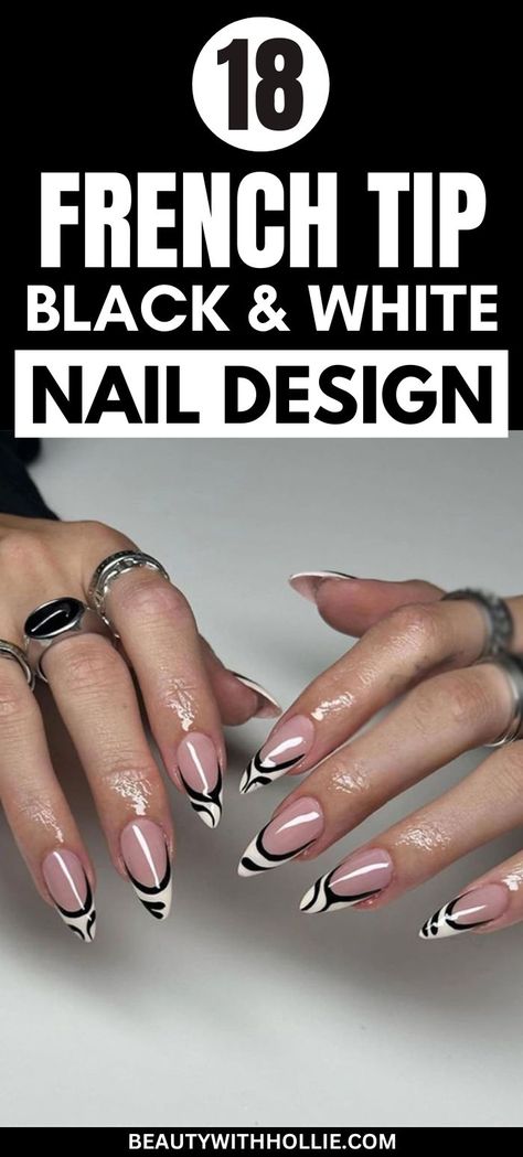 French Tip Black and White Nail Design Ideas French Tip Black And White, French Tip Swirl, Black And White Nail Design, French Tip Black, White Nail Design Ideas, White Nail Design, Black French Manicure, Monochrome Nails, Black And White Nail