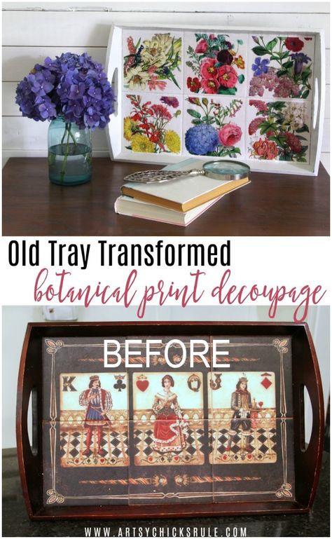 Colorful (and thrifty!!) Botanical Decoupage Makeover artsychicksrule.com Decoupage Projects, Repurposed Decor, Nifty Crafts, Decoupage Furniture, Decoupage Box, Diy Makeover, Do It Yourself Projects, Recycled Furniture, Happy Thursday