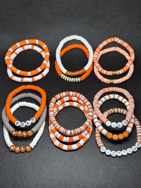 Cheap Sporty Stretch Bracelet For Game Day, Tennessee Vols Jewelry, Tennessee Clay Bead Bracelets, Tennessee Vols Bracelet, Fall Clay Beaded Bracelets, Fall Braclets Clay Bead, Bracelets Inspo Clay Beads, Fall Inspired Clay Bead Bracelets, Fall Themed Clay Bead Bracelets