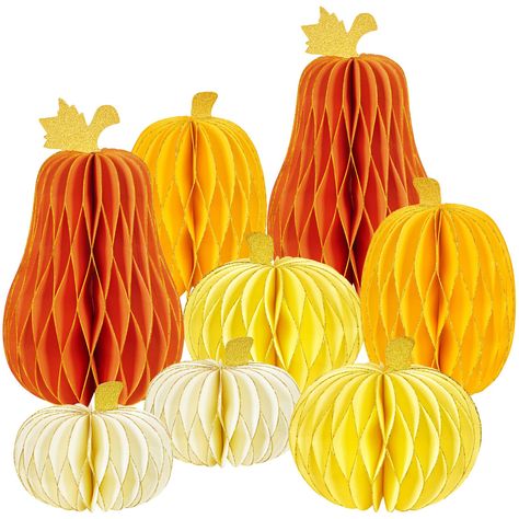 PRICES MAY VARY. 🧡 Exquisite Pumpkin Honeycomb Centerpiece: The exquisite paper honeycomb decoration adopts four classic pumpkin shaped autumn themed color designs, with various shapes and sizes, and unique gold powder decorations around the edges and top leaf areas of the honeycomb, giving it a fresh appearance. 🧡 High quality materials: Our premium honeycomb paper pumpkin is made of high-quality and textured double-sided printed colored adhesive paper, with about 46 layers, making the center Honeycomb Centerpiece, Thanksgiving Baby Shower, Decorations For Halloween, Centerpieces For Tables, Honeycomb Decorations, Halloween Autumn, Honeycomb Paper, Pumpkin Centerpieces, Pumpkin Party