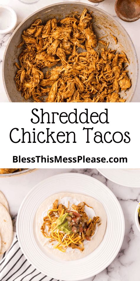 These easy Shredded Chicken Tacos are delicious, flavorful, and customizable with various toppings for a quick meal! Shredded Chicken Tacos Crockpot Easy, Things To Make With Shredded Chicken, Chicken Shredded Recipes, Quick Shredded Chicken, Recipes Using Shredded Chicken, Boiled Shredded Chicken, Recipe With Shredded Chicken, Easy Shredded Chicken Tacos, Chicken Breats Recipes