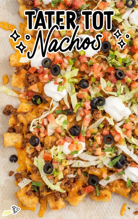 Tater Tot Nachos - Spaceships and Laser Beams Tater Tot Nachos Recipes, Baked Tater Tots, Nacho Appetizer, Tot Nachos, Tater Tot Nachos, Dirty Fries, Nachos Ingredients, Breakfast Nachos, Nacho Toppings