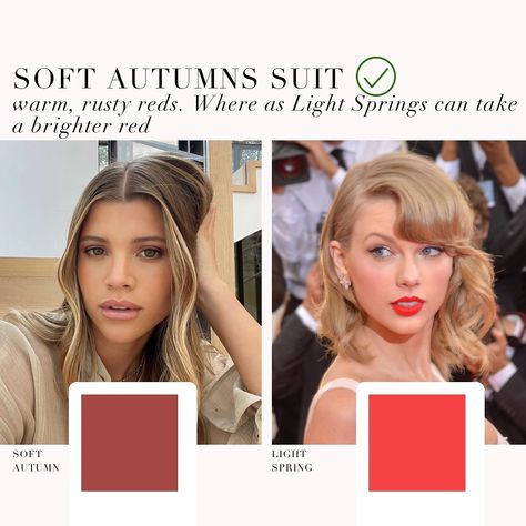 Soft Autumn VS Light Spring as requested 🤍 . #coloranalysis #colouranalysis #lightspring #softautumn #taylorswift #sofiarichie #coloranalyst Soft Autumn Vs Light Spring, Warm Spring Celebrities, Soft Autumn Celebrities, Light Spring Outfits, Soft Autumn Light, Autumn Mute, Season Palette, Season Analysis, Toned Spring