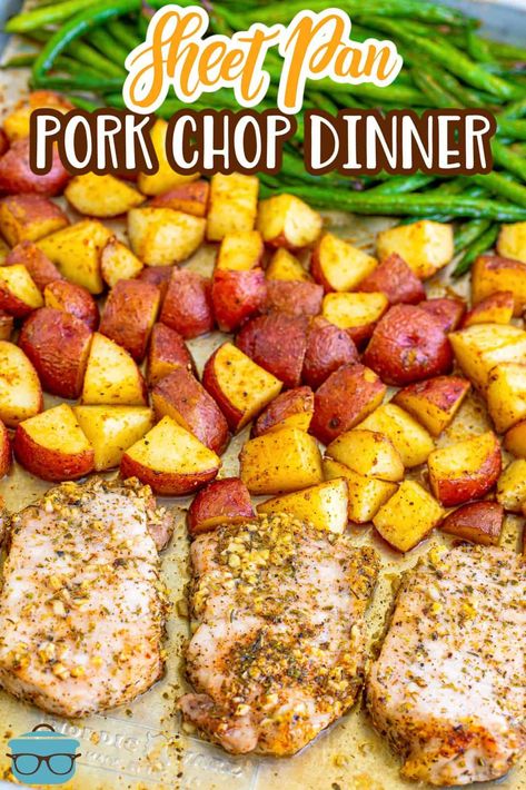 When you want an all-in-one meal with juicy pork chops, tender potatoes and crisp green beans, you make this Sheet Pan Pork Chop Dinner recipe! Pork Chop Sheet Pan Dinner Pioneer Woman, Pork Chop Recipes With Vegetables, Pork Chops Green Beans And Potatoes Sheet Pan, Pork Chop And Green Beans Recipes, Sheet Pan Pork Chops And Veggies, Pork Chops And Red Potatoes, Sheet Pan Pork Chops, Potato Sheet Pan, Sheet Pan Pork Tenderloin