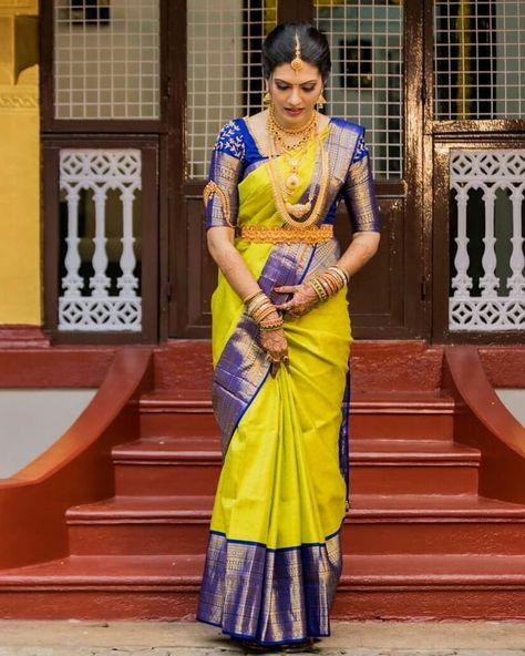 Yellow And Blue Saree Blouses, Saree Colour Combination Ideas, South Indian Wedding Sarees Color Combinations, Pelli Sarees Pattu, Pattu Sarees Color Combinations, Sreemantham Sarees, Saree Combinations Color Combos, Pelli Sarees, Celebrity Saree