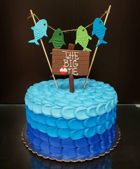 Fishing Birthday Party Boys, Fish Cake Birthday, Fishing Themed Birthday Party, Fishing Birthday Party, Fishing Apparel, Fishing Birthday, The Big One, Birthday Party Food, Fish Cake