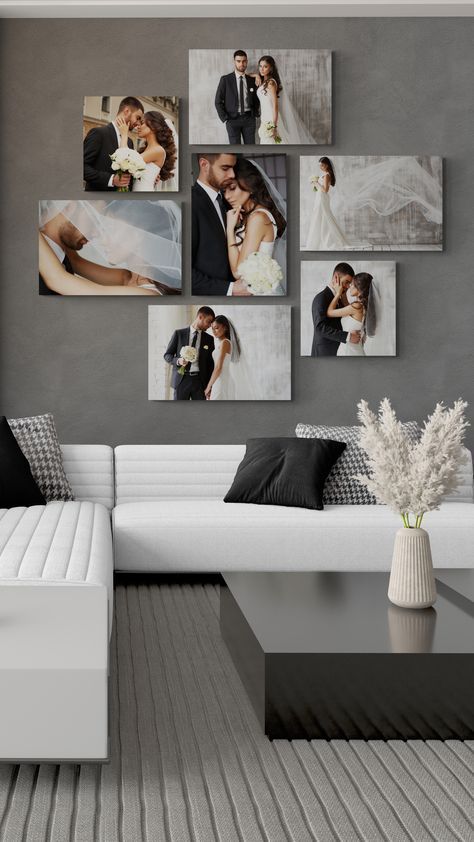 Indoor Decorating Ideas Home, Wall Decor Ideas With Photos, Living Room Wall Decor Ideas With Photos, Wedding Photo In Bedroom, Wedding Living Room Decor, Wedding New Ideas, Family Photo Wall Decor Ideas, Photo Collage Design Ideas Picture Walls, Small Wall Ideas Living Room