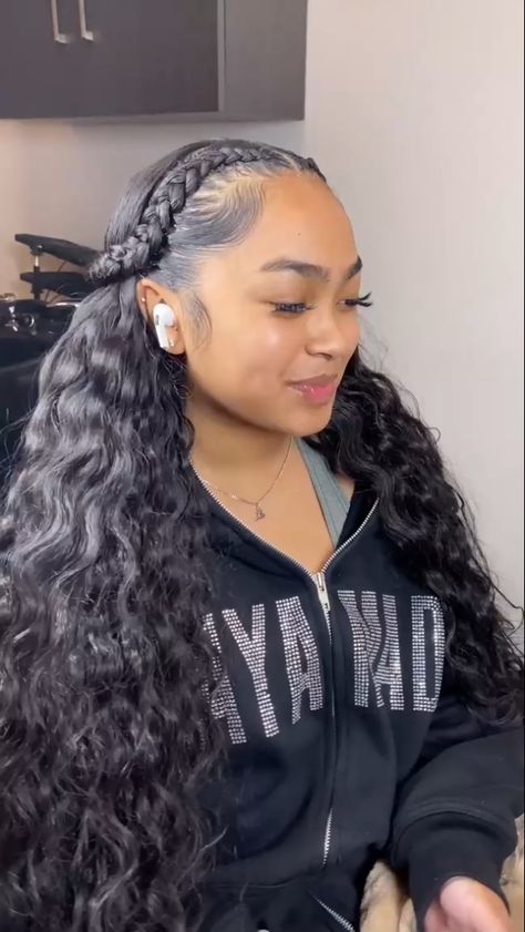 Two Braid In Front Of Hair, Crinkled Hair Hairstyles Black Women, Two Braids With Curly Hair In The Back, Braided Front Hairstyles, Braids With Hair In The Back, Half Sew In Weave Hairstyles, Tribals With Quick Weave, Braids And Quick Weave, 2 Braids In The Front With Hair Down