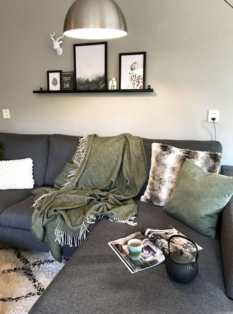 Dark Grey Couch Living Room, Warm Grey Walls, Grey Sofa Living Room, Green Living Room, House Living Room, Living Room Green, Kitchen Area, Living Room Decor Apartment, Living Room Inspo