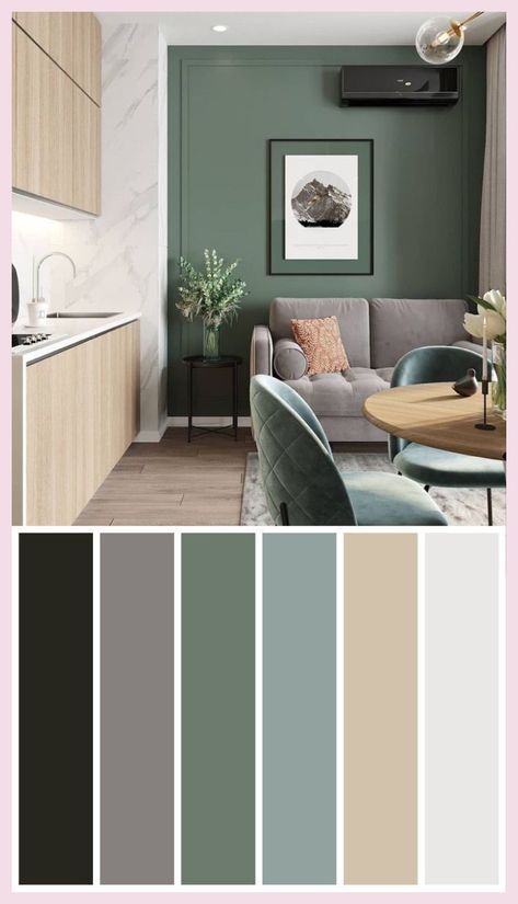 Kitchen Cabinets Color Combination, Home Wall Colour, Wall Color Combination, Living Room Decor Colors, Green Walls, Decor Home Living Room, Living Room Paint, Ideas Living, Design Living