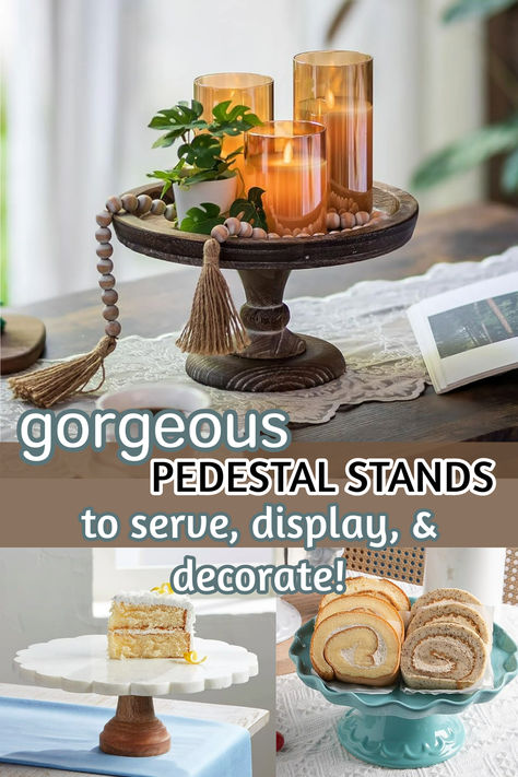 Grab a couple of these gorgeous pedestal stands to use for serving, displaying, or decorating! Make your home look amazing when you serve food for guests, display the stands, or decorate them for gorgeous decor. This comprehensive list of gorgeous pedestal stands are a must for every home. Serve with them, display them as decorative objects, or decorate them with items you love. pedestal stands, cake stands, serving stands, serving plate, cake plate, cupcake stand, decorative stand Cake Plate Decor Display, Food For Guests, Cake Stand Decor, Decorative Stand, Pedestal Stand, Plate Decor, Dollar Tree Diy Crafts, Cupcake Stand, Cake Stands