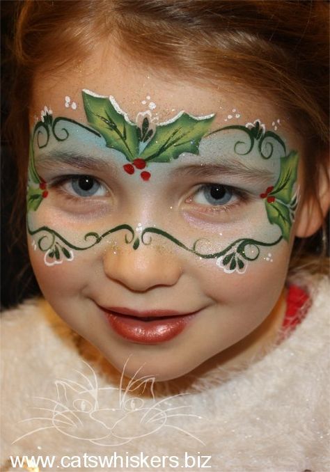 Christmas Holly Mask Face Painting Design by Cats Whiskers Face Painting www.catswhiskers.biz Paintings Face, Black Light Painting, Mask Face Paint, Xmas Makeup, Christmas Face Painting, Face Painting Easy, Winter Face, Kids Face Paint, Belly Painting