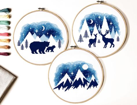 Pattern Landscape, Nature Cross Stitch, Animal Cross Stitch Patterns, Mountain Modern, Modern Cross Stitch Patterns, Modern Cross, Modern Cross Stitch, Cross Stitch Chart, Counted Cross Stitch Patterns