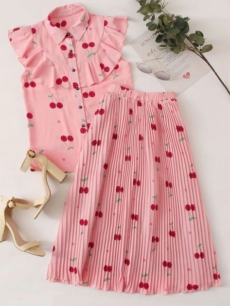 Blouse with cherry, heart pattern, ruffles & skirt with pleats current trends, buy cheap | SHEIN Germany Summer Two Piece Outfits, Ruffles Skirt, Skirt With Pleats, Pink Pleated Skirt, Top Skirt Set, Pink Boho, Current Trends, Skirts Online, Pretty Style