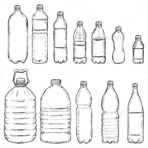 Vector Set of Sketch Plastic Bottles Water Bottle Drawing, Ochrana Prírody, Water Sketch, Bottle Drawing, Water Drawing, Object Drawing, Industrial Design Sketch, Basic Drawing, Seni 3d