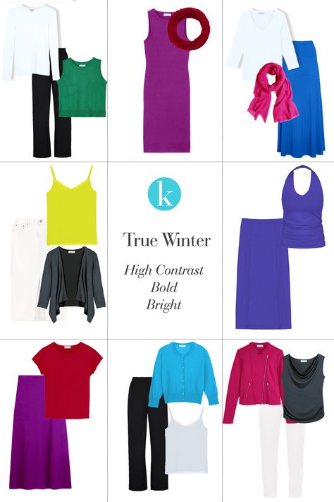 Do you know your Winter sub-type? Clear Winter Outfits, Winter Color Palette Clothes, True Winter Color Palette Outfits, True Winter Outfits, True Winter Palette, Wardrobe Color Guide, True Winter Color Palette, Deep Winter Palette, Cool Winter