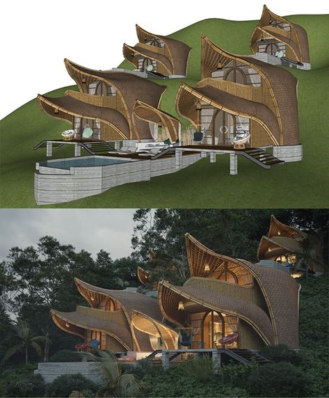 Eco Resort Architecture, Mountain Resort Design, Bamboo Villa, Agritourism Farms, Island Architecture, Resort Design Plan, Bali Architecture, Resort Ideas, Eco Village