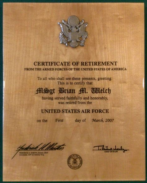 Military Certificate of Retirement These 11” x 14.” plaques are beautiful wood reproductions of the original retirement certificate. The face is maple veneer, ornamented with raised casting of the Great Seal of the United States, engraved with full text of original retirement certificate and finished with a thick, durable epoxy. Contact me through Facebook at www.facebook.com/collectablewoods or email at bmwelch@collectablewoods.com Us Army Retirement Certificate, Kim Castro Id Card, Military Id Card, Retirement Certificate, Army Retirement, Happy Thursday Images, Certificate Of Completion Template, Itunes Card, Certificate Of Deposit