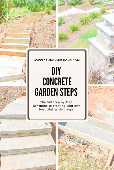 We recently added a set of DIY concrete garden steps to our back yard. Which ended up being  4,200 lbs of hand poured concrete, and 6 months of battling rain Concrete Garden Steps, Steps Garden, Outside Steps, Sloped Backyard Landscaping, Landscape Stairs, Landscape Steps, Landscape Gardening, Sloped Yard, Side Yard Landscaping