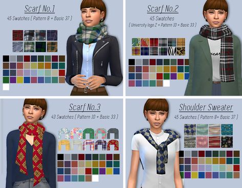 Scarf No.1 - 45 Swatches ( Pattern 8 + Basic 37 )  /  BGC  /  Female, Male  /  Necklace Category Scarf No.2 - 45 Swatches ( University logo 2 + Pattern 10 + Basic 33 )  / BGC  /  Female, Male  / ... Male Necklace, Los Sims 4 Mods, Sims Videos, Scarf Collection, Hairstyle Tutorials, Sims 4 Mm, The Sims 4 Download, Sims Four, Los Sims