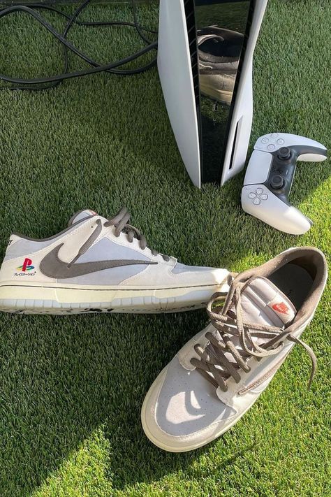 Where to Get the Travis Scott x PlayStation Nike Dunks Gray Shoes Women, Travis Scott Shoes, Shoes Wallpaper, All Nike Shoes, Nike Air Shoes, Hype Shoes, Nike Sb Dunks, Grey Shoes, Custom Sneakers