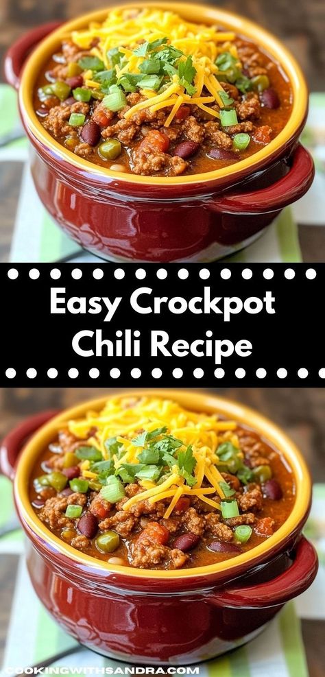 Need dinner recipes for family? Try this Crockpot Chili Recipe! One of the best chili recipes for crockpot meals, it's perfect for dinner ideas easy, chili recipe easy, or even dinner for two. Best Easy Crockpot Chili, Red Chili Recipes Crock Pots, Crockpot Recipe Chili, Best Easy Chili Recipe Crockpot, Classic Crockpot Chili, How To Make Chili In Crockpot, Pioneer Woman Slow Cooker Chili, Sweet Chilli Recipe Crockpot, Best Crock Pot Chili Recipes