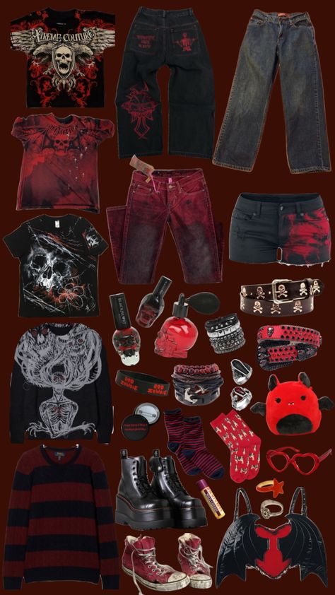 Red Masc Outfits, Red And Black Outfits Men, Emo Outfits For Guys, Red Goth Outfits, Clothes Shuffles, Alt Fits, Red Grunge, Red And Black Outfits, Punk Style Outfits