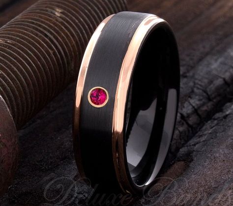 Ruby Male Wedding Ring, Simple Ruby Mens Rings Vintage, Red Ruby Ring For Men, Red And Black Rings For Men, Mens Real Ruby Rings, Mens Sapphire Ring, Rose Gold Mens Ring, Rose Gold Tungsten Ring, Wooden Wedding Bands