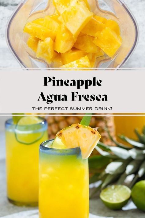 Looking for a healthier alternative to sugary drinks? Try this Pineapple Agua Fresca recipe made with fresh fruit and natural sweeteners. Agua Fresca is a classic Mexican drink made with blended fruit, water, and a bit of sweeter. This one is made with pineapple and it's the perfect drink for hot summer days! Pineapple Agua Fresca, Aqua Fresca Recipes, Fresca Drinks, Pineapple Juice Recipes, Fresh Juice Recipes, Agua Fresca Recipe, Fruit Infused Water Recipes, Strawberry Water, Alcohol Beverages