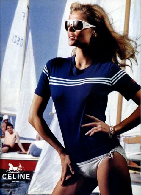 Celine Paris L'officiel magazine 1977 Celine Paris, Christie Brinkley, Seventies Fashion, Beach Attire, Beach Swimwear, 1970s Fashion, Nautical Fashion, Blazer And Shorts, Foto Inspiration