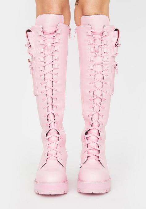 Pink Platform Boots, Pink Combat Boots, High Combat Boots, Knee High Combat Boots, Pink Motorcycle, Pink Platform, Liquid Satin, Pink Platforms, Sugar Thrillz